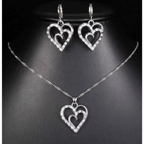 NEW Necklace Earrings Set Rhinestone Heart CZ Matching Jewelry Set Lot JU23 - Picture 1 of 6